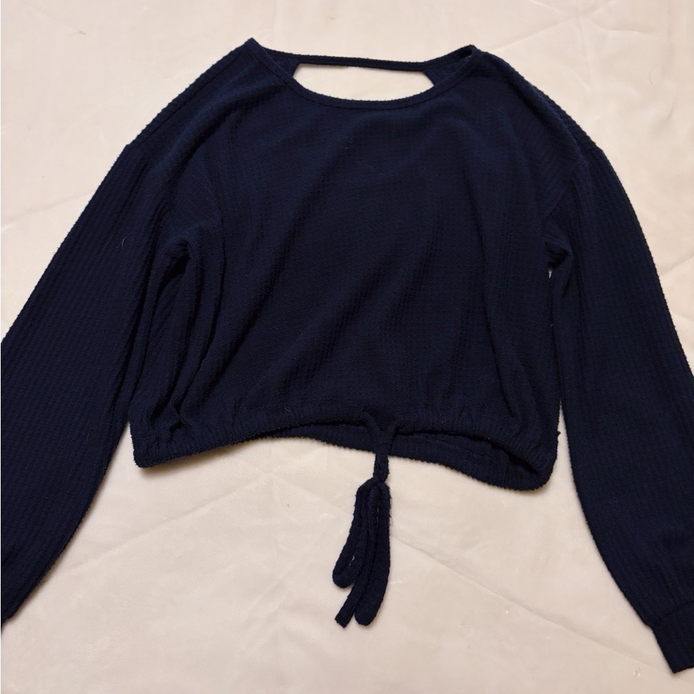 Navy Blue Cropped Long Sleeve Tie-Front Top